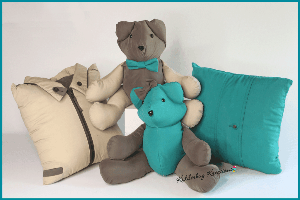 2 memory bears and memory pillows made by Kidderbug Kreations from jackets after the loss of a mother and father.
