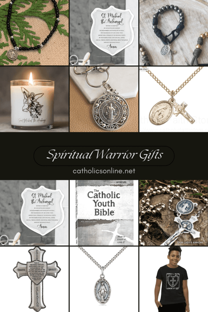 A collage of Catholic gifts for the Spiritual warrior - all gifts mentioned in the text of the article.