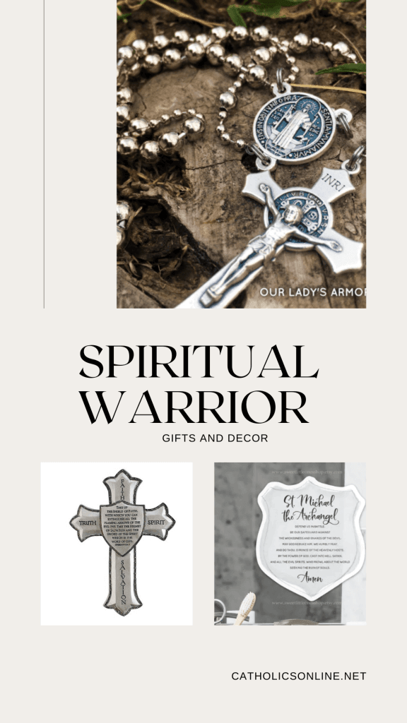 Spiritual Warrior gifts (pictured is a Rosary, and wall decor that stress prayer and spiritual battle)
