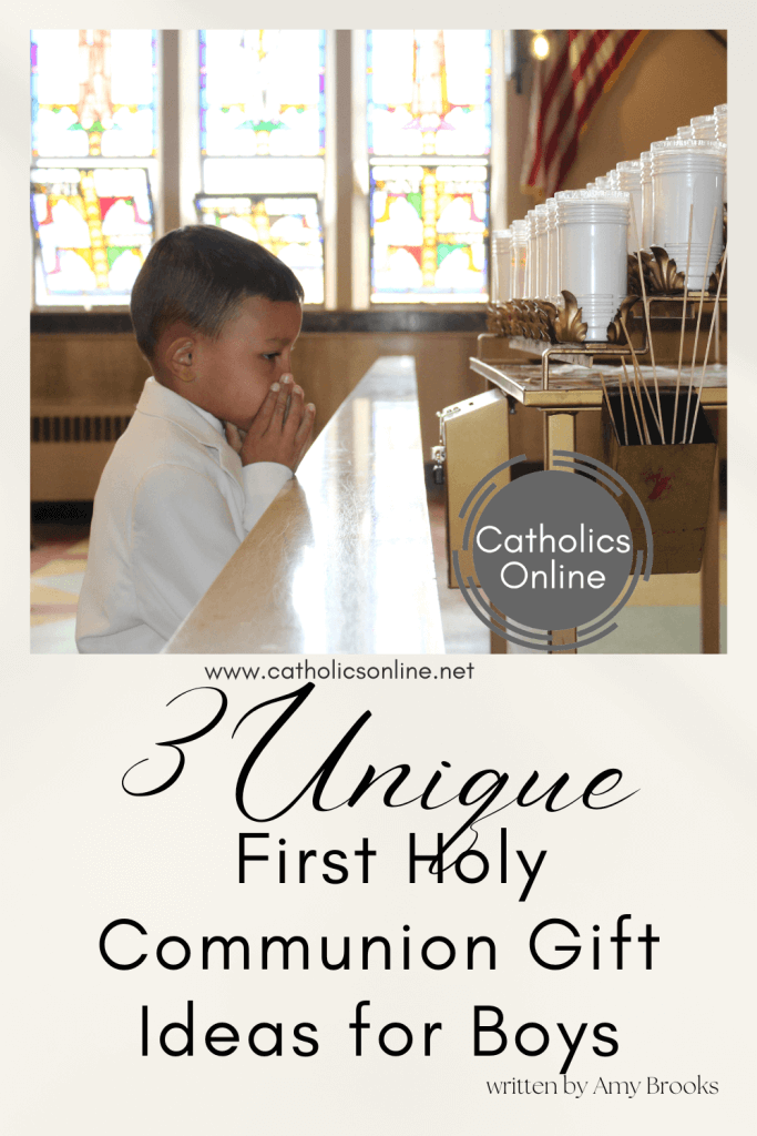 Feature image/cover image. Boy praying in his First Holy Communion suit, with title on graphic (3 Unique First Holy Communion Gift Ideas for Boys)